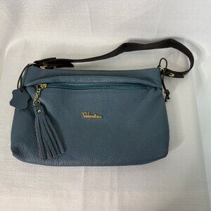 Valentina | Dusty Blue Pebbled Leather Shoulder bag; Brown leather strap